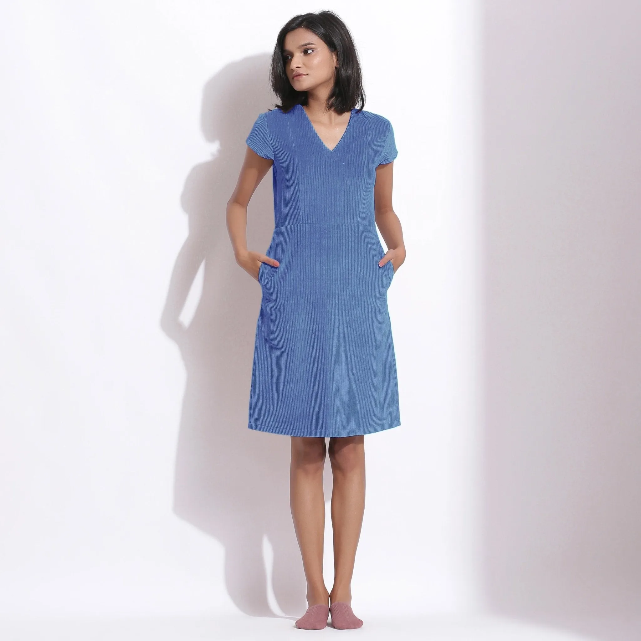 Ice Blue Warm Cotton Corduroy Knee Length Shift Dress