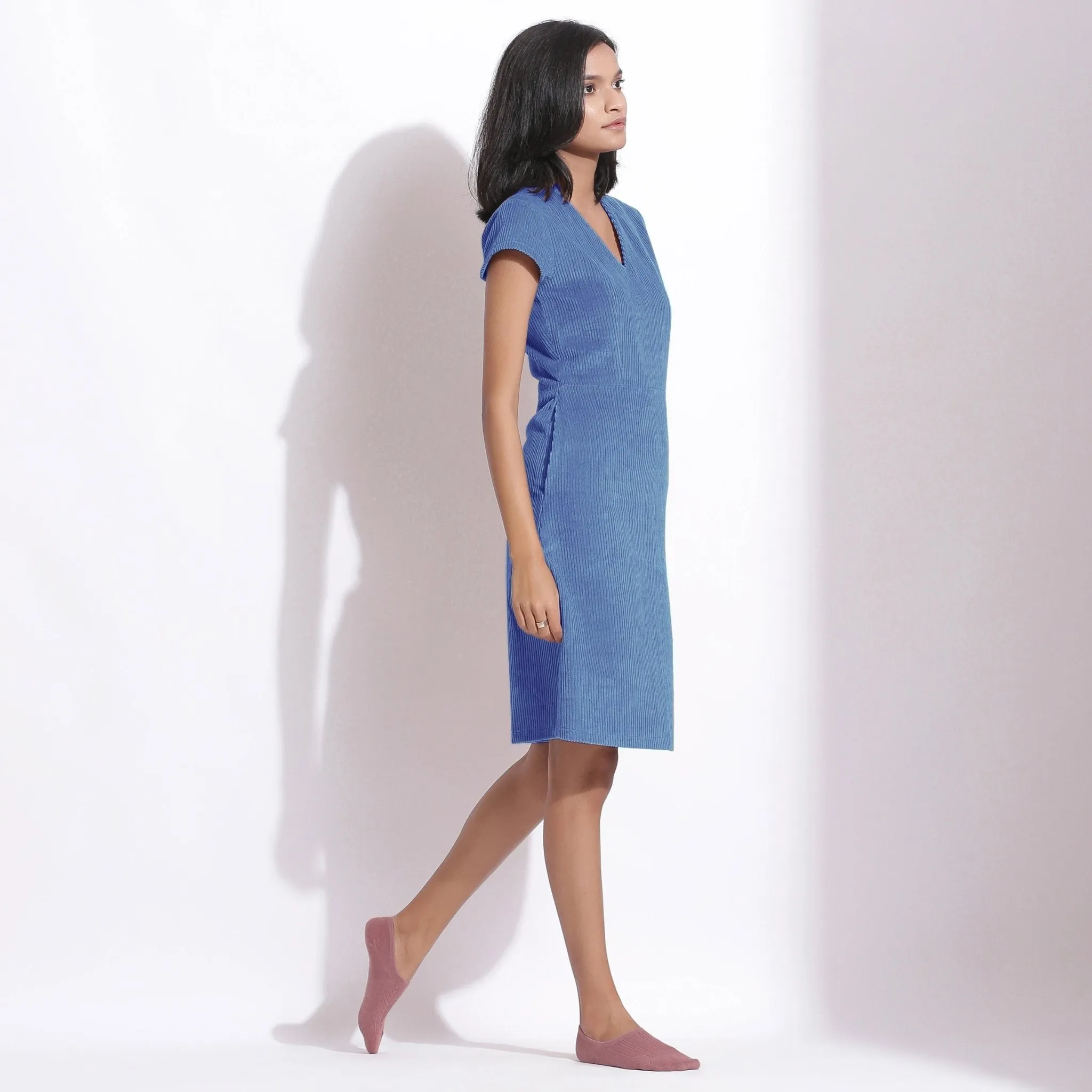 Ice Blue Warm Cotton Corduroy Knee Length Shift Dress