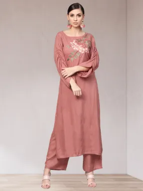 Idalia Rose Gold Embroided Straight Kurta With Palazzo Pants