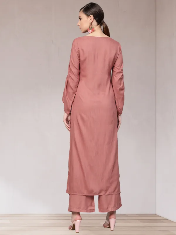 Idalia Rose Gold Embroided Straight Kurta With Palazzo Pants