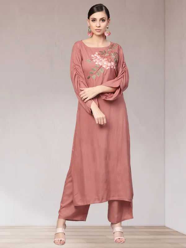 Idalia Rose Gold Embroided Straight Kurta With Palazzo Pants