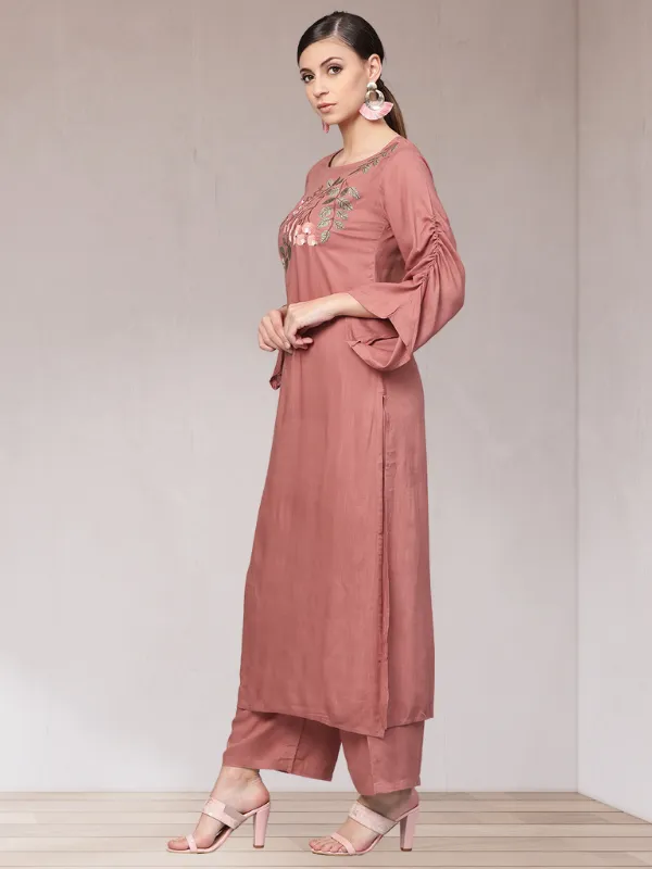 Idalia Rose Gold Embroided Straight Kurta With Palazzo Pants