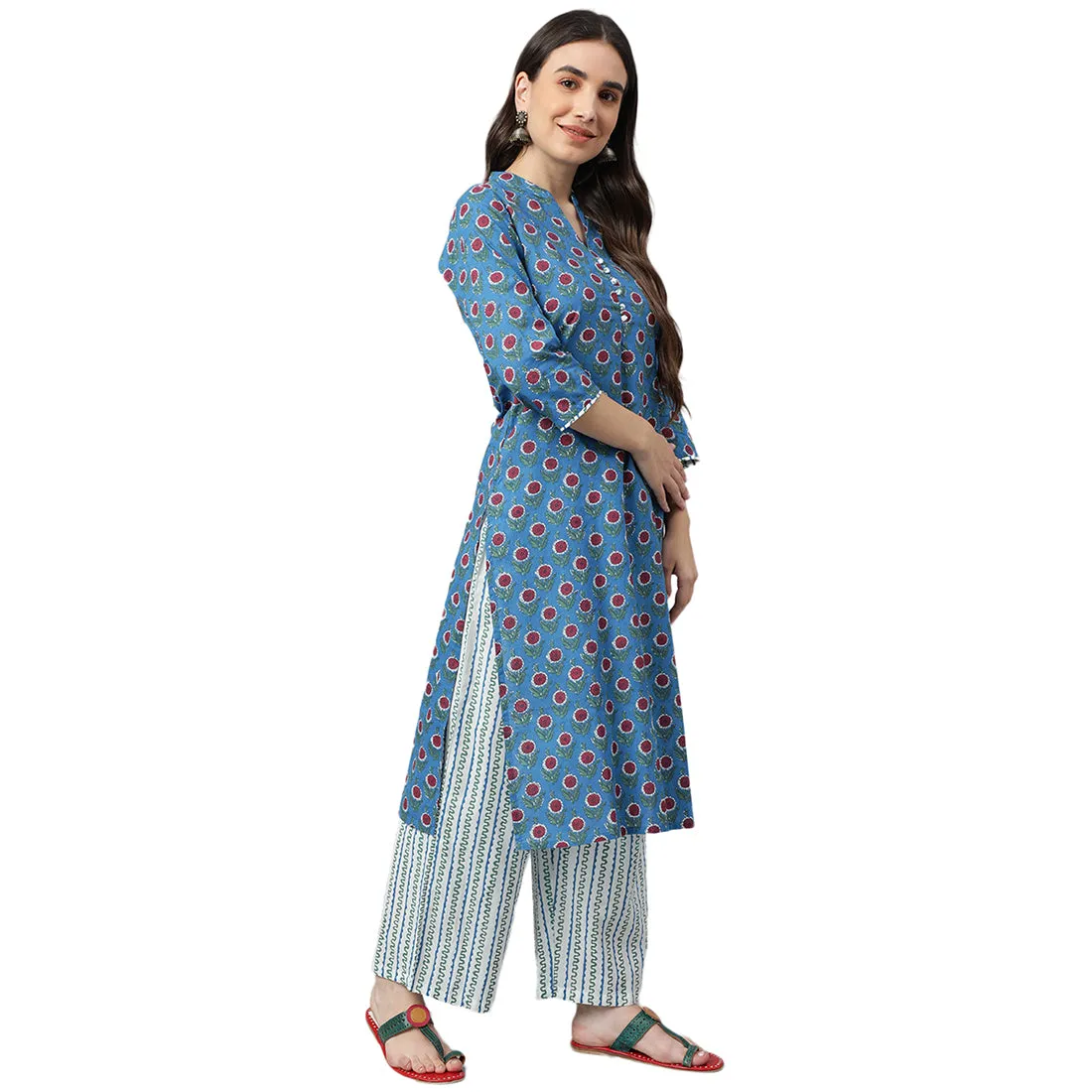 Idalia Royal Blue Printed Cotton Kurta With White Printed
Palazzo Pants