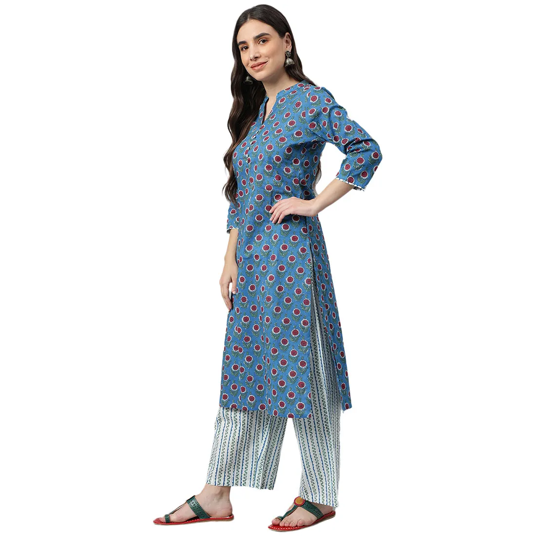 Idalia Royal Blue Printed Cotton Kurta With White Printed
Palazzo Pants