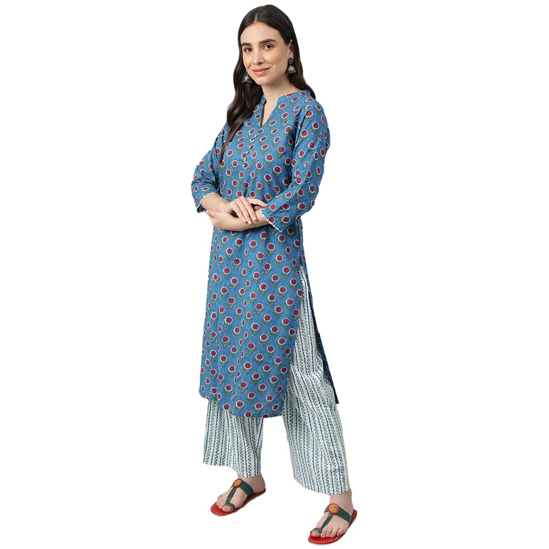 Idalia Royal Blue Printed Cotton Kurta With White Printed
Palazzo Pants