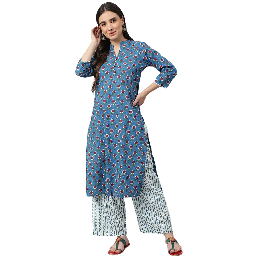 Idalia Royal Blue Printed Cotton Kurta With White Printed
Palazzo Pants