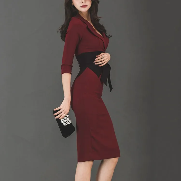 Intellectual and elegant temperament OL temperament sexy V-neck slim-fit lace-up contrast color bag hip mid-length dress