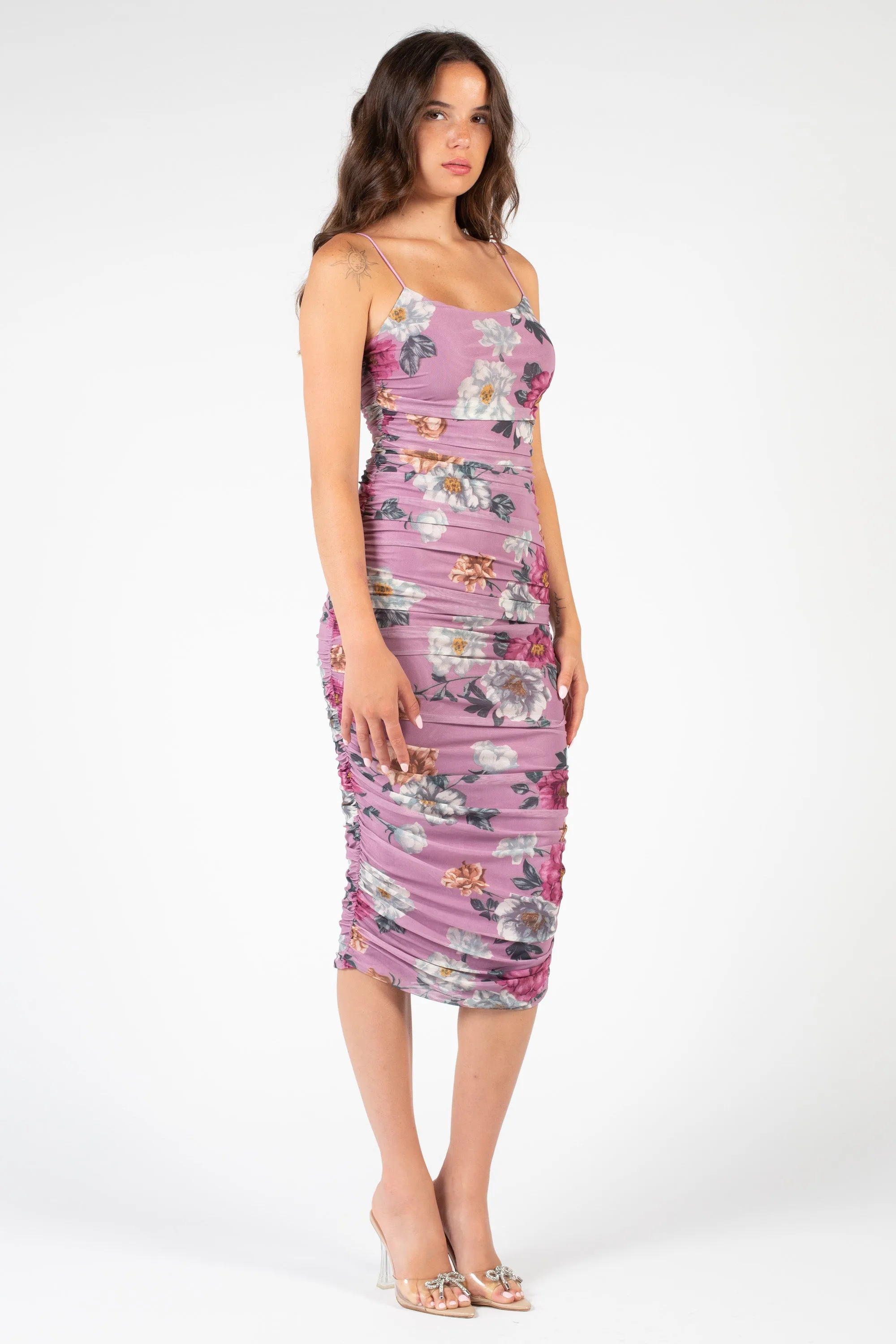 Isabel Ruched Mesh Floral Midi Dress