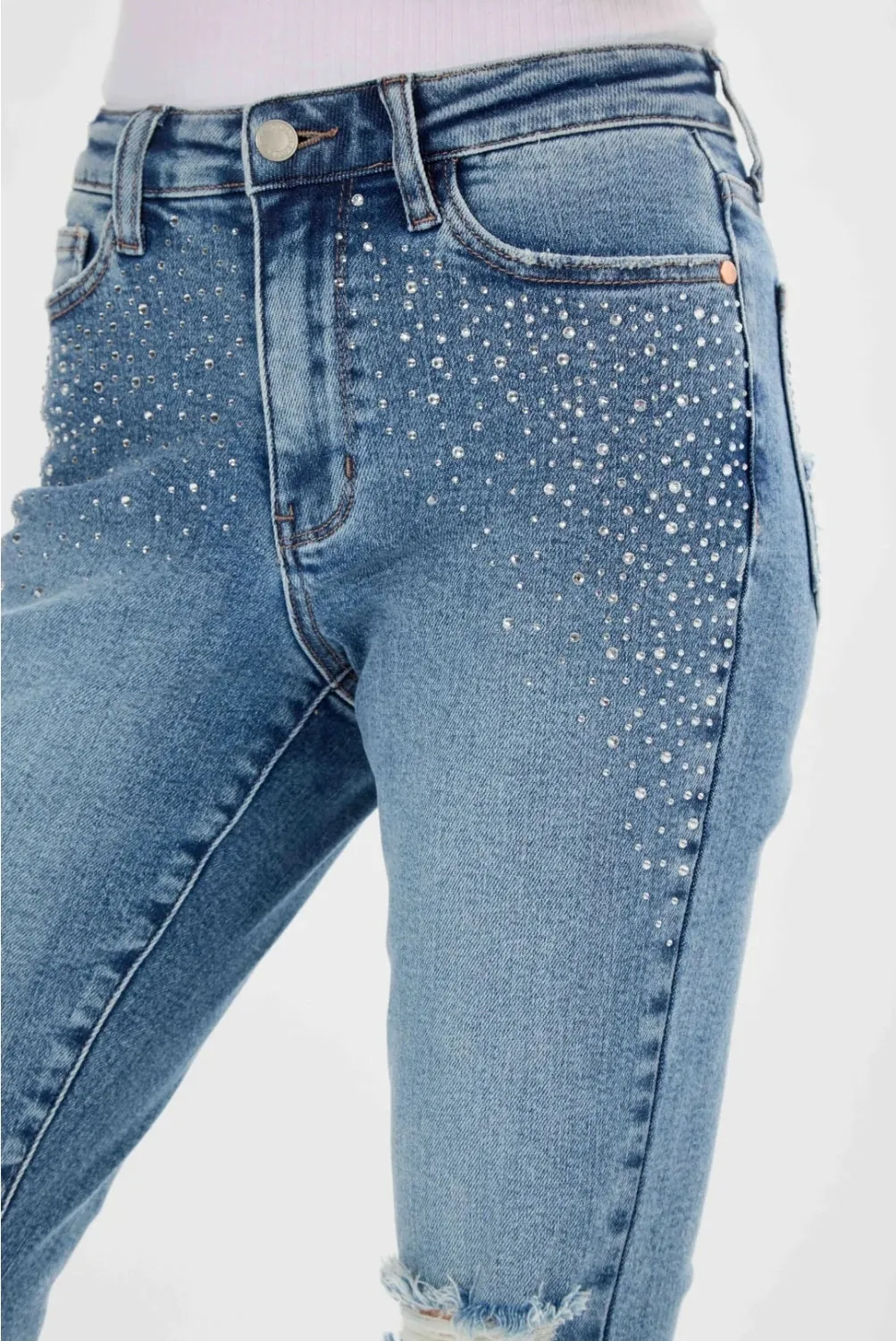 Judy blue highwaisted rhinestone embellished destroyed slim jeans