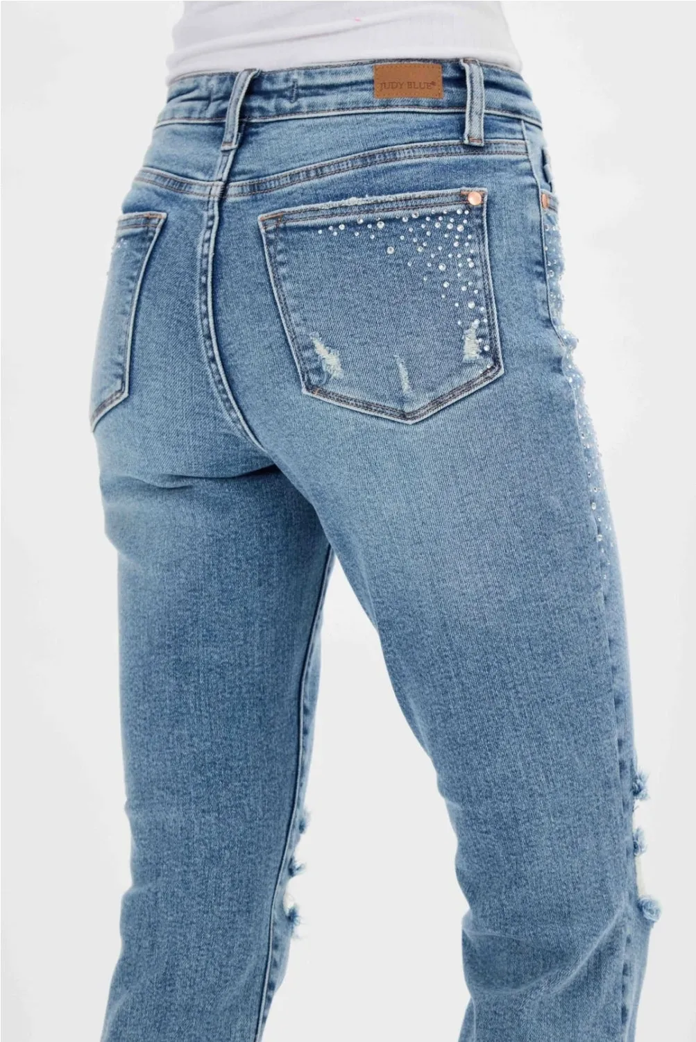 Judy blue highwaisted rhinestone embellished destroyed slim jeans