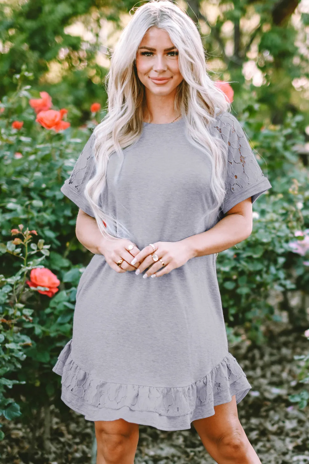 Lace Floral Ruffled T-shirt Dress