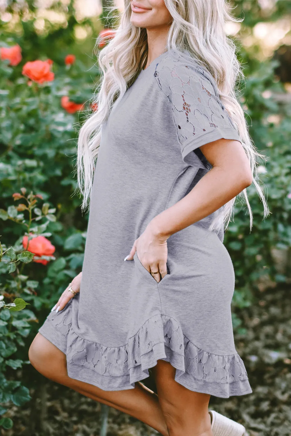 Lace Floral Ruffled T-shirt Dress