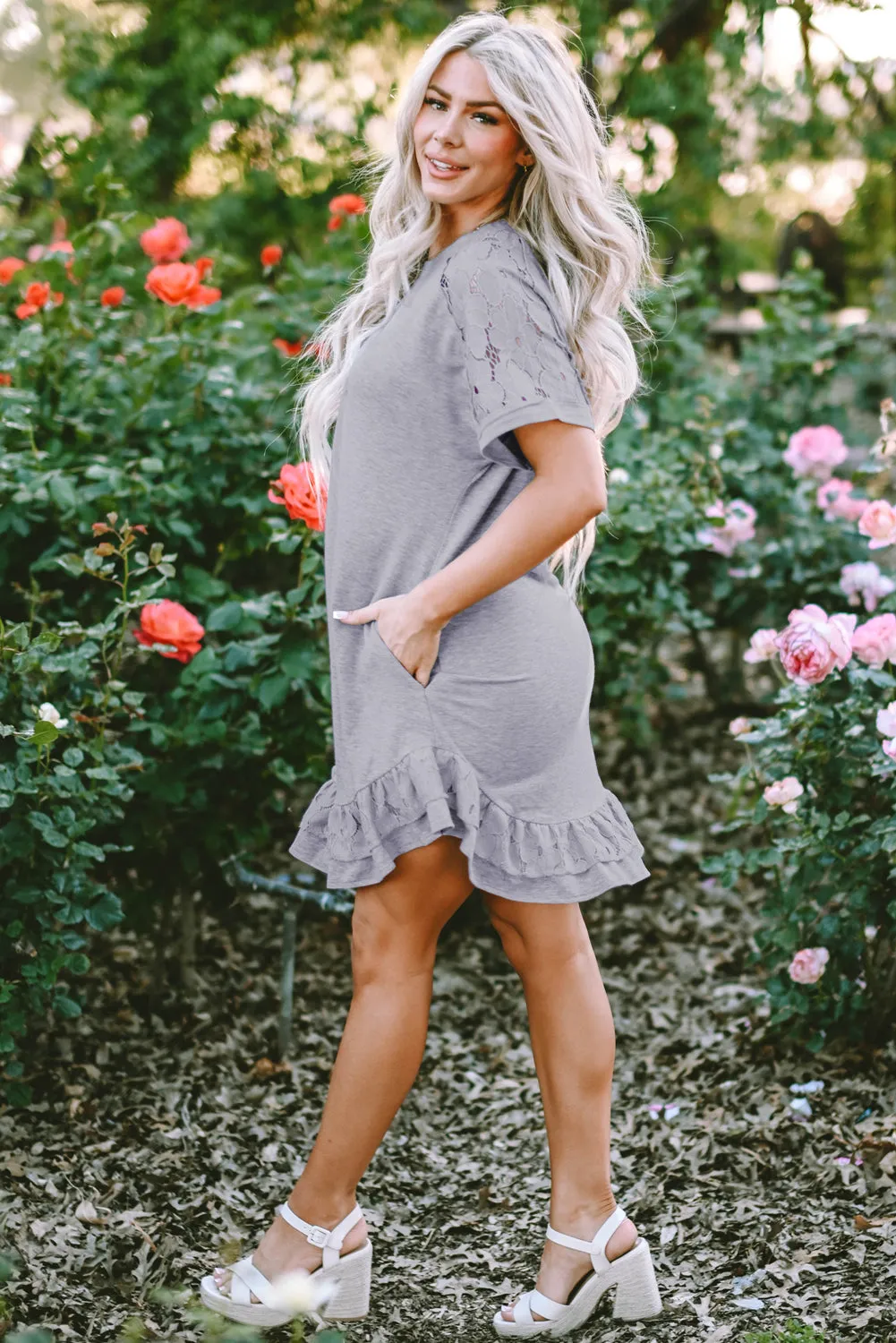 Lace Floral Ruffled T-shirt Dress