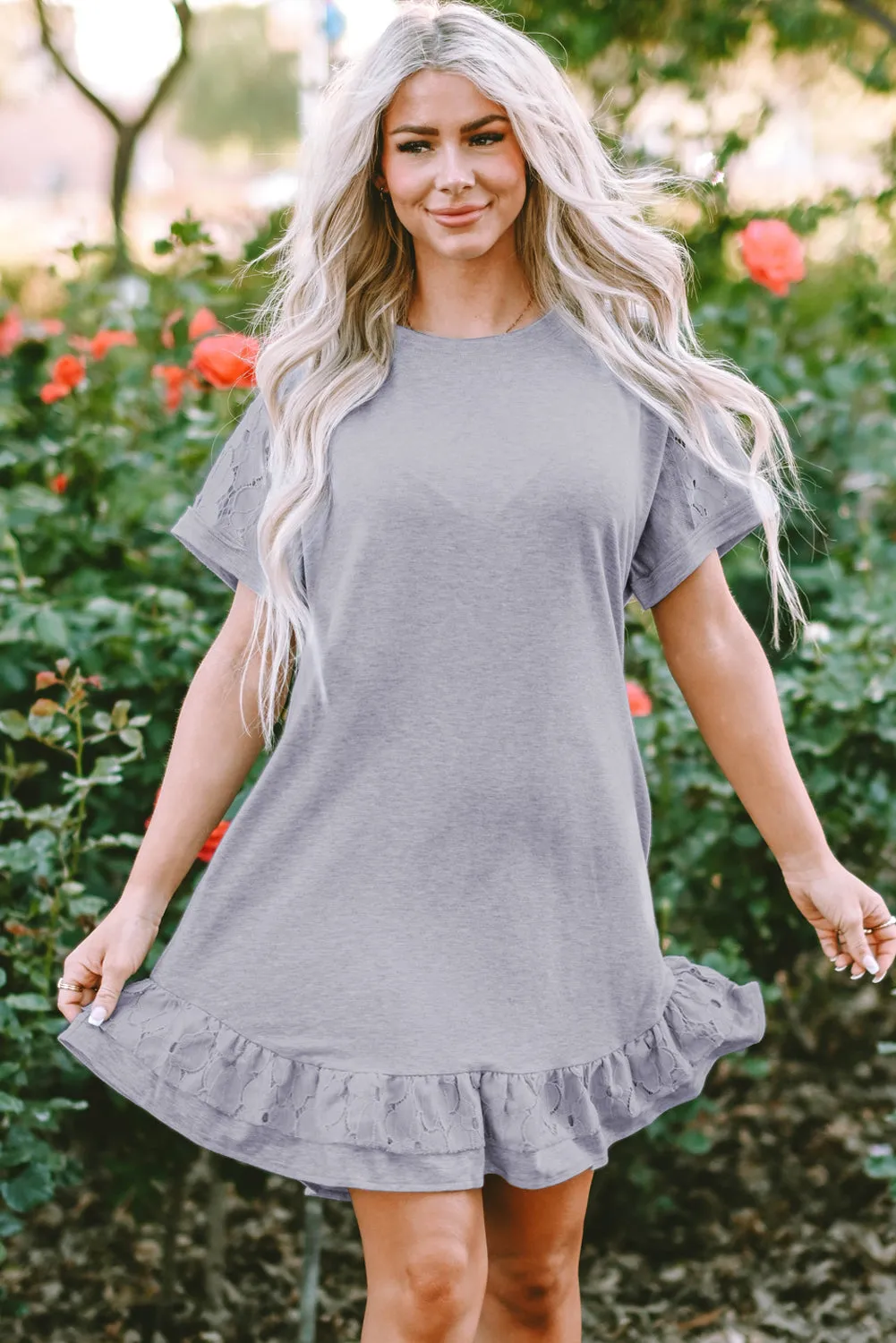 Lace Floral Ruffled T-shirt Dress