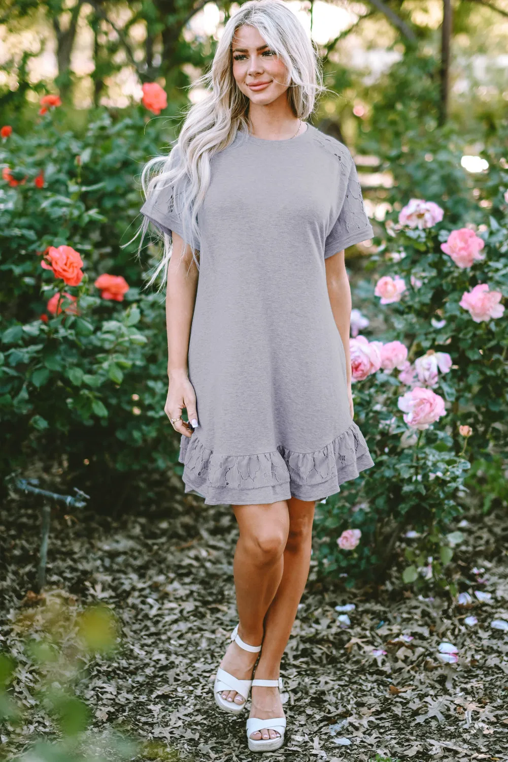 Lace Floral Ruffled T-shirt Dress