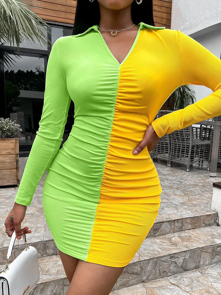 Lapel Color Block Ruched Mini Dresses