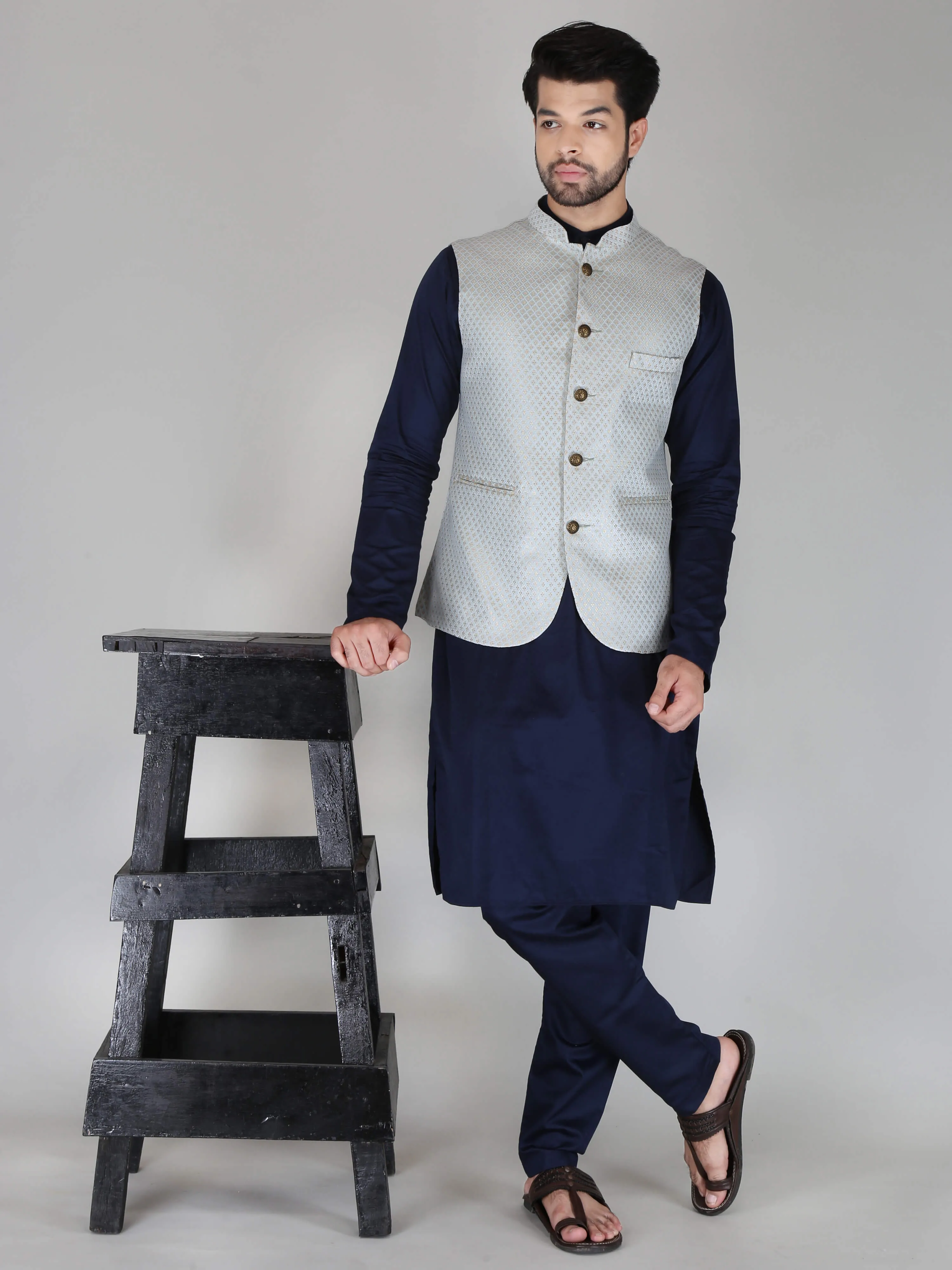 Light Grey Jacquard Nehru Jackets