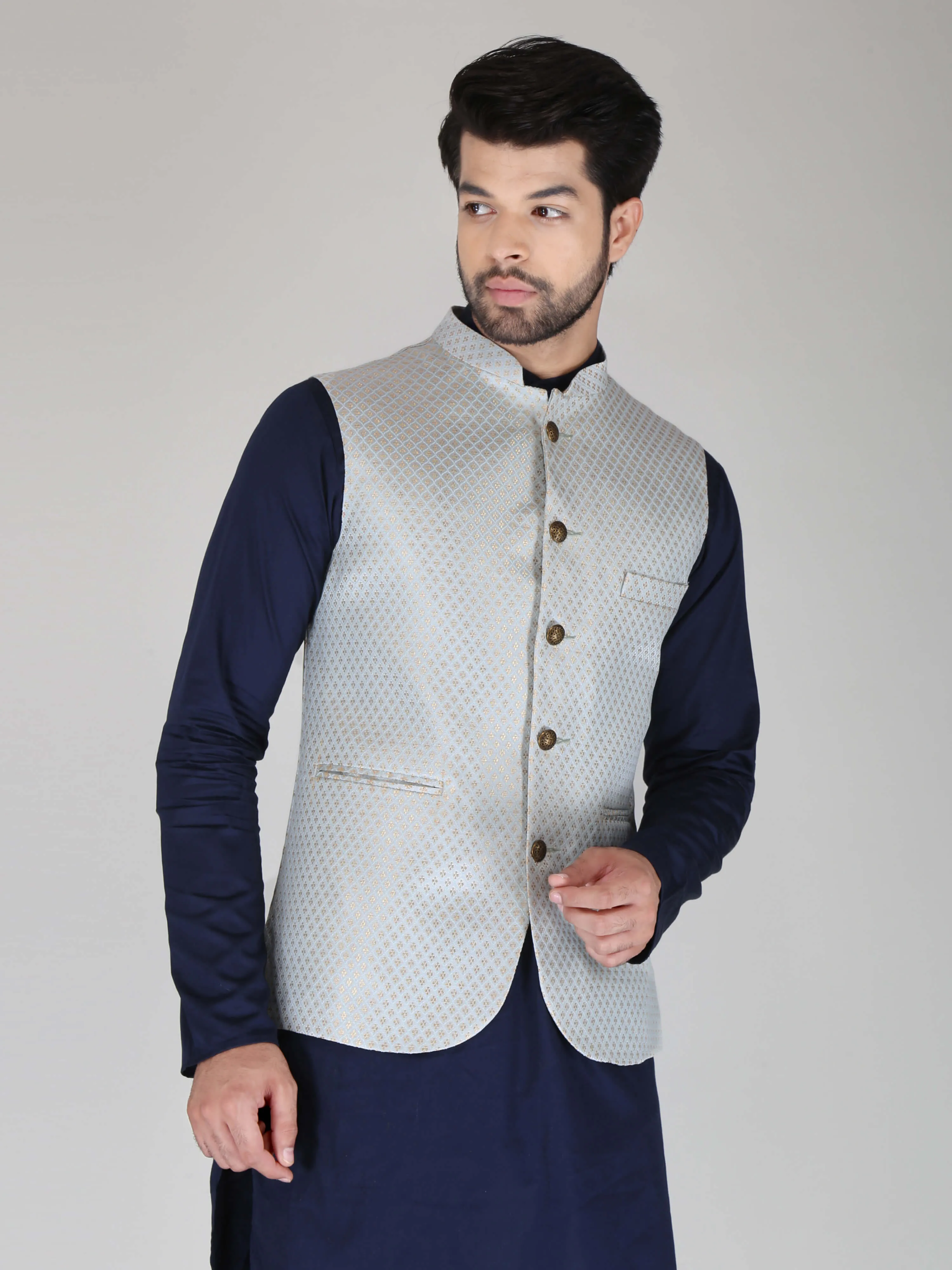 Light Grey Jacquard Nehru Jackets