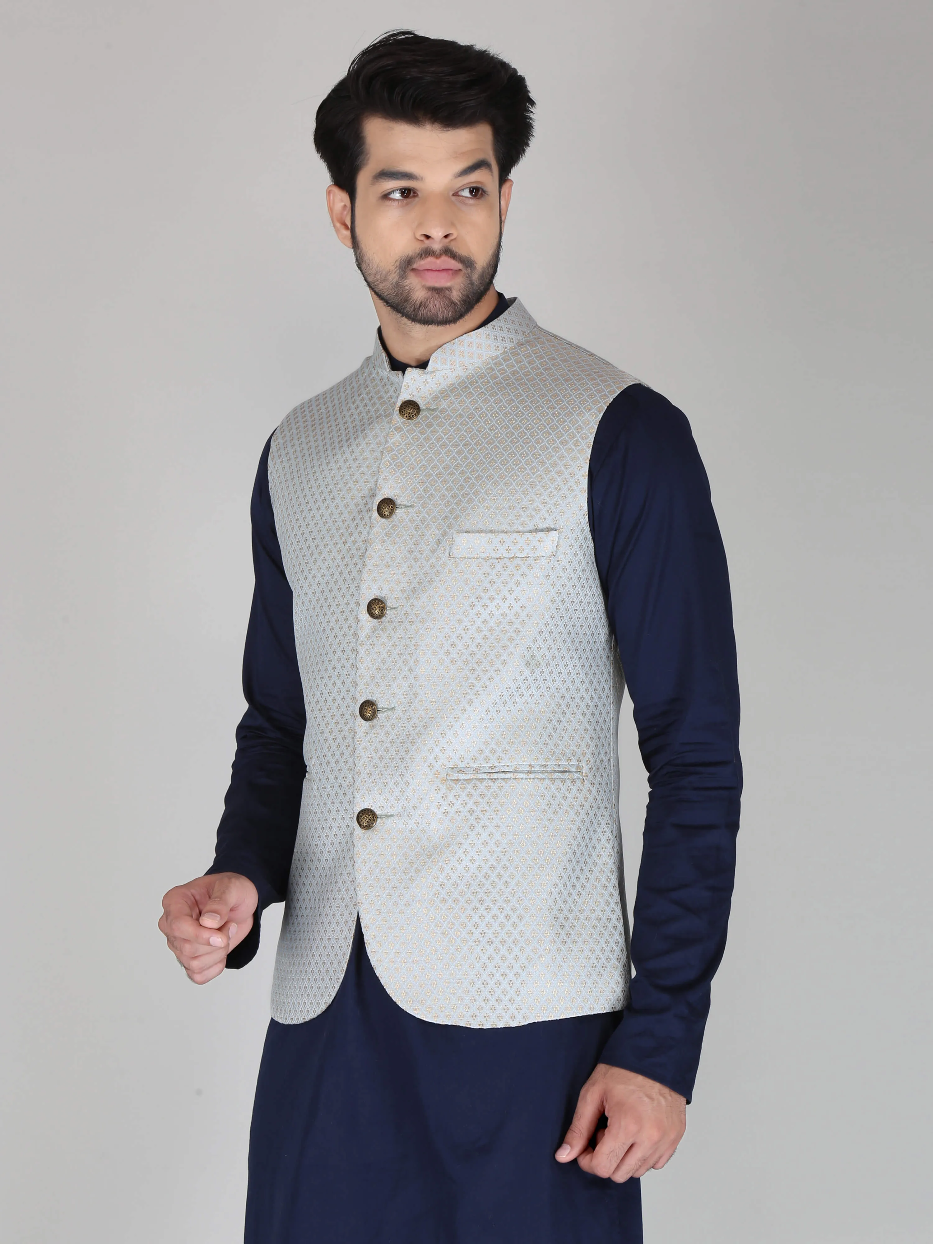 Light Grey Jacquard Nehru Jackets