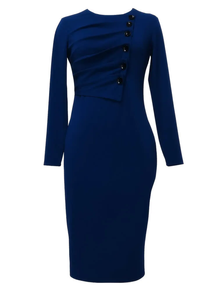 Long Sleeve Button Ruched Midi Dresses