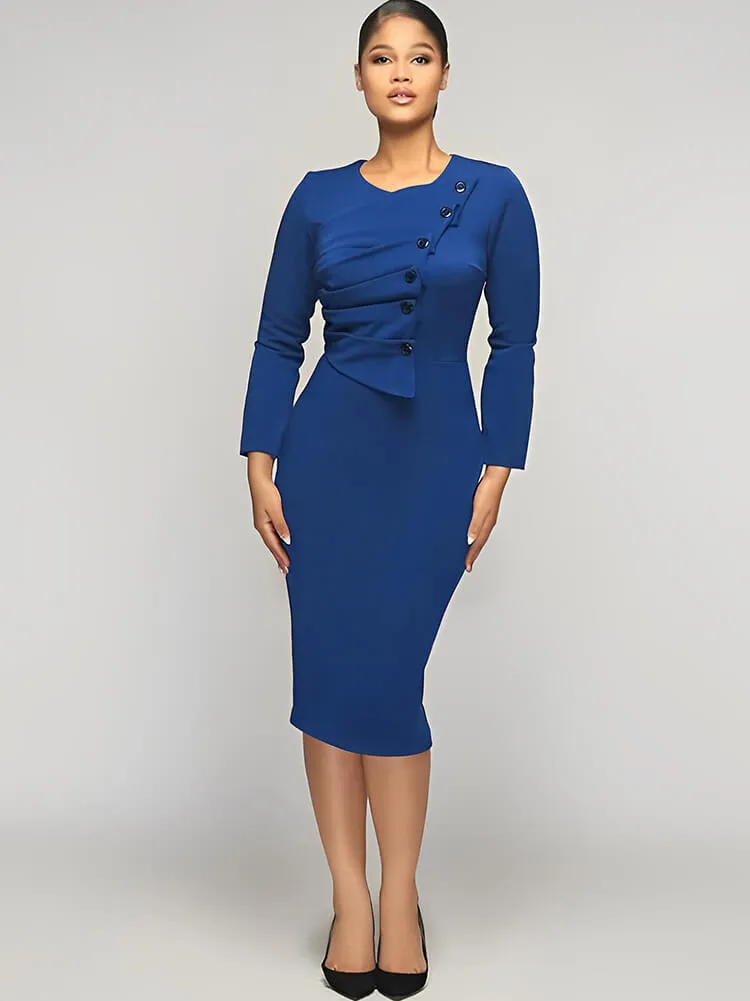 Long Sleeve Button Ruched Midi Dresses