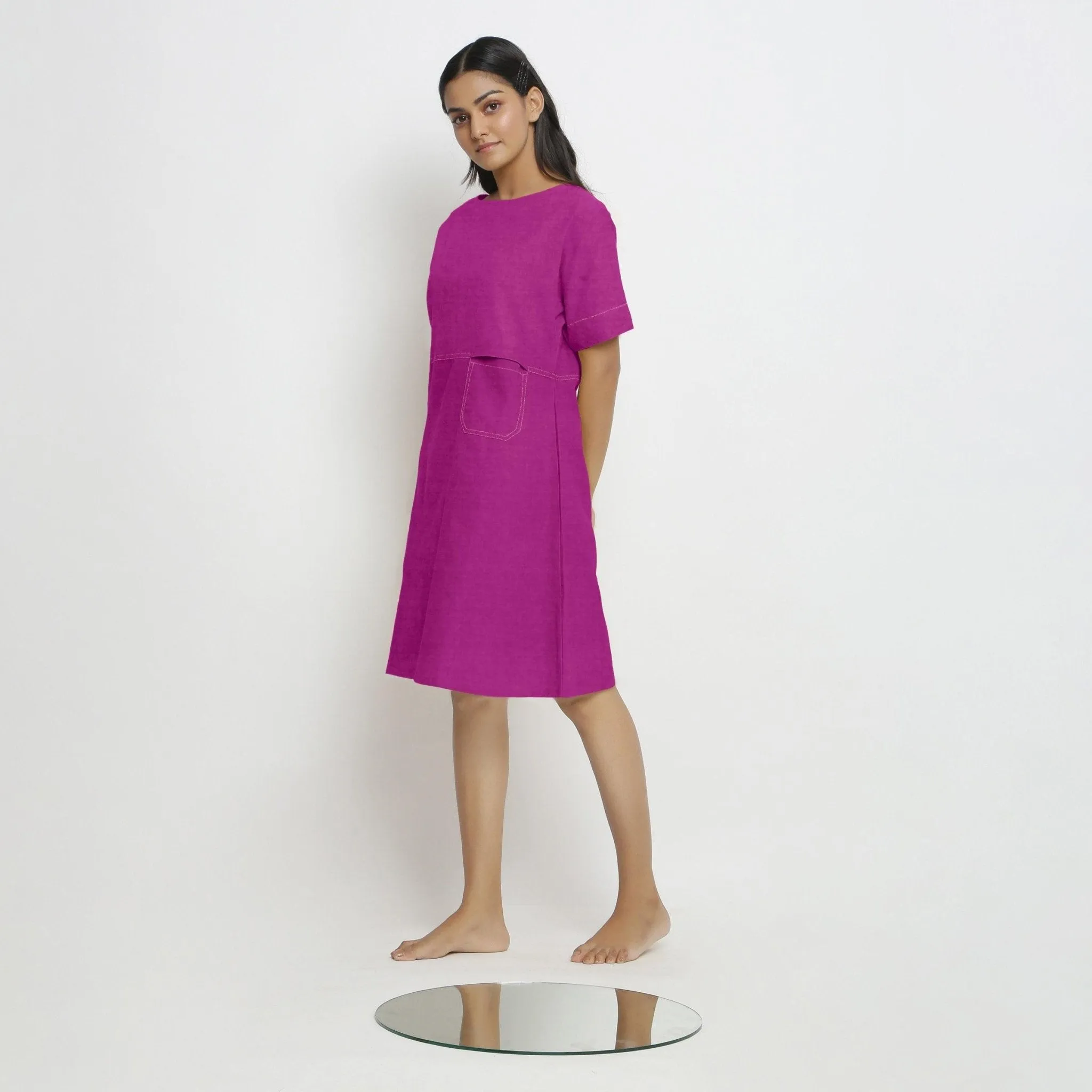 Magenta Linen Knee Length Shift Yoked Dress