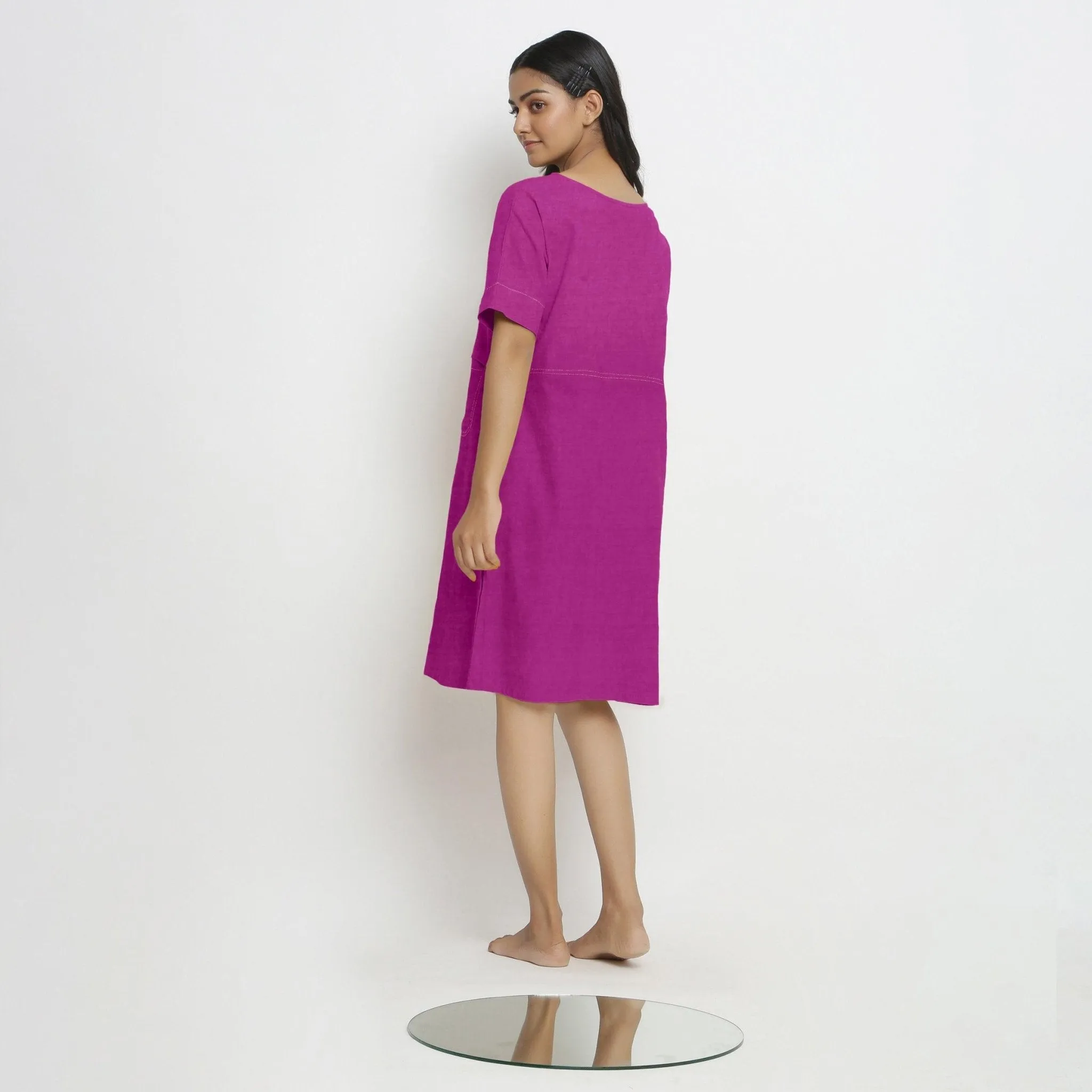 Magenta Linen Knee Length Shift Yoked Dress