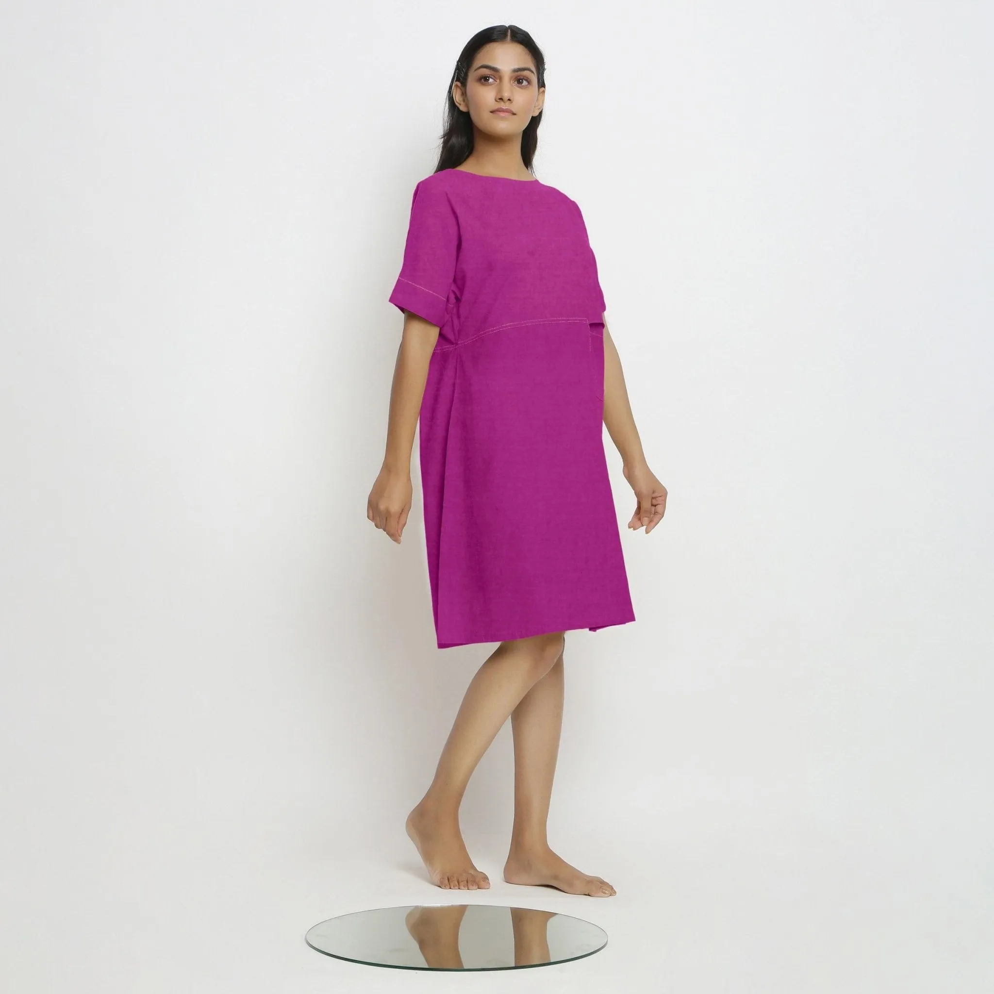 Magenta Linen Knee Length Shift Yoked Dress