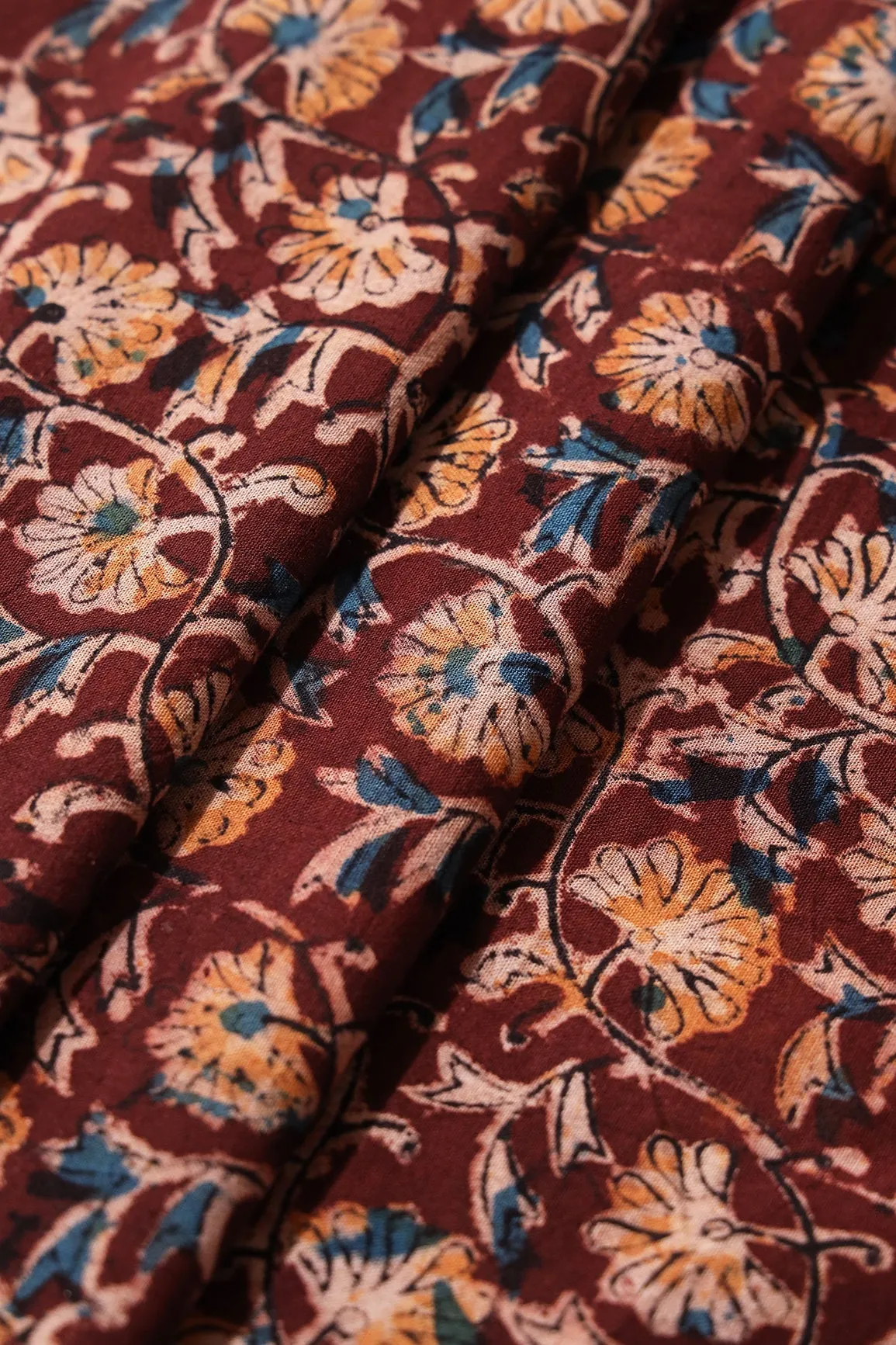 Maroon And Light Beige Floral Pattern Handblock Kalamkari Organic Cotton Fabric