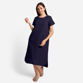 Navy Blue Cotton Flax High-Low Midi Shift Dress