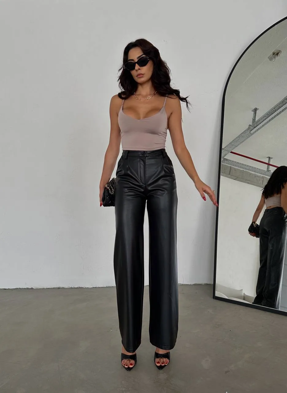 Palazzo cut faux leather trousers