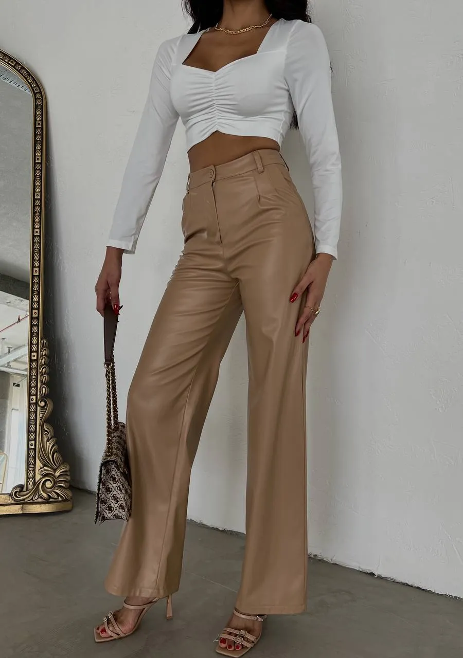 Palazzo cut faux leather trousers