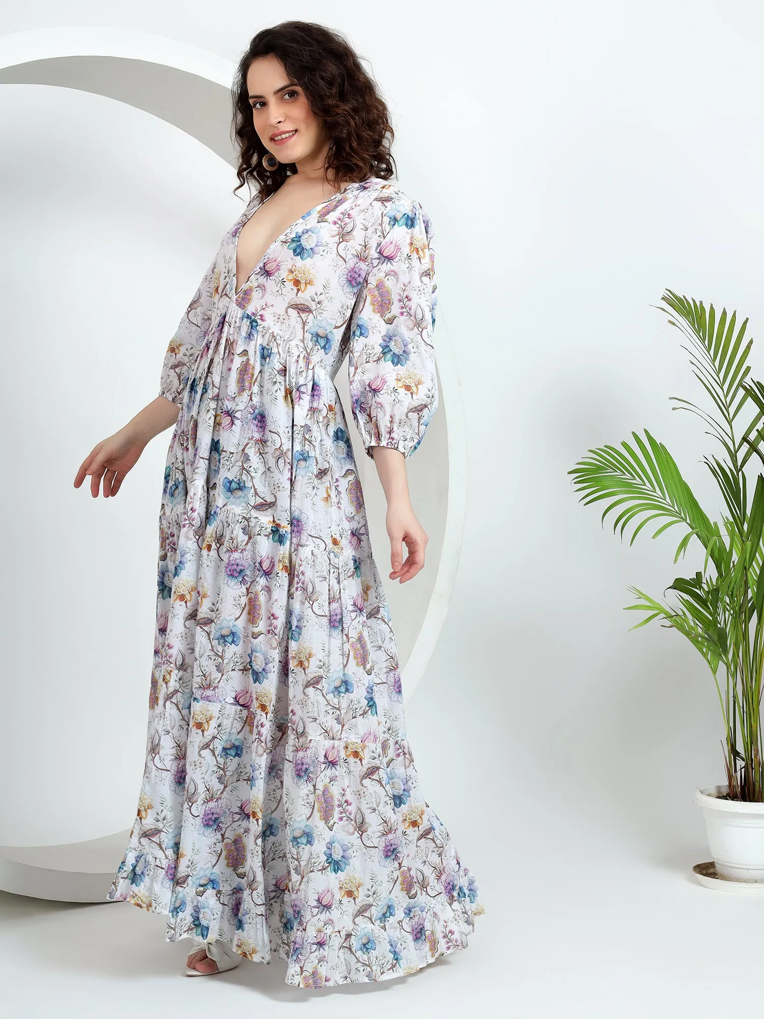 Pastel Floral Puff Sleeves V-Neck Cotton Maxi Dress for Women