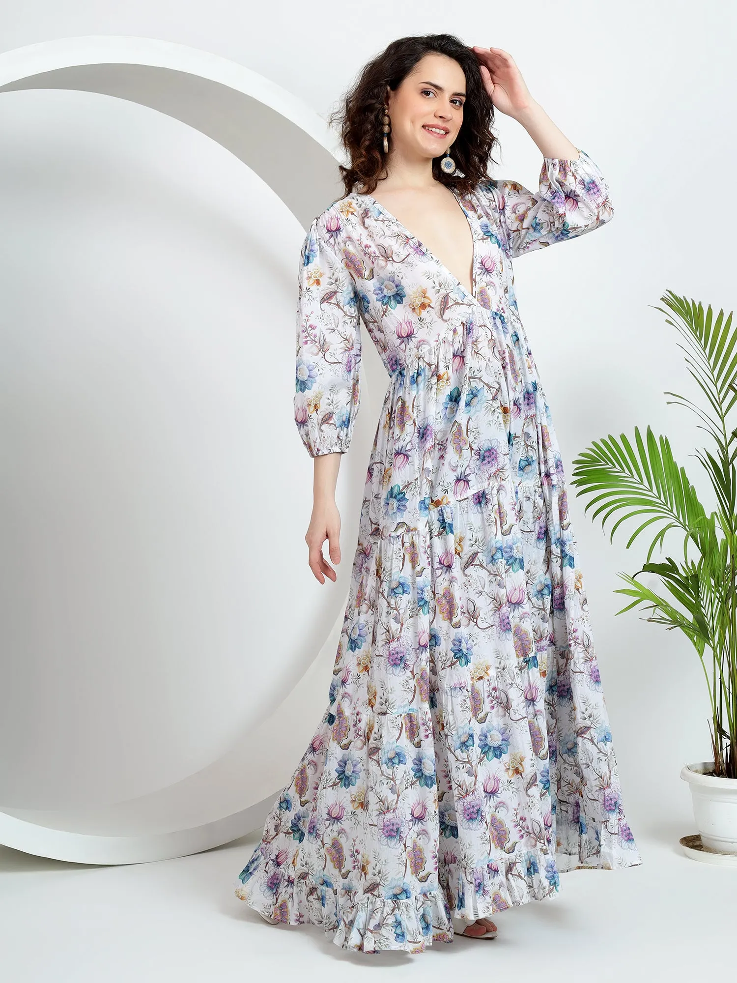 Pastel Floral Puff Sleeves V-Neck Cotton Maxi Dress for Women