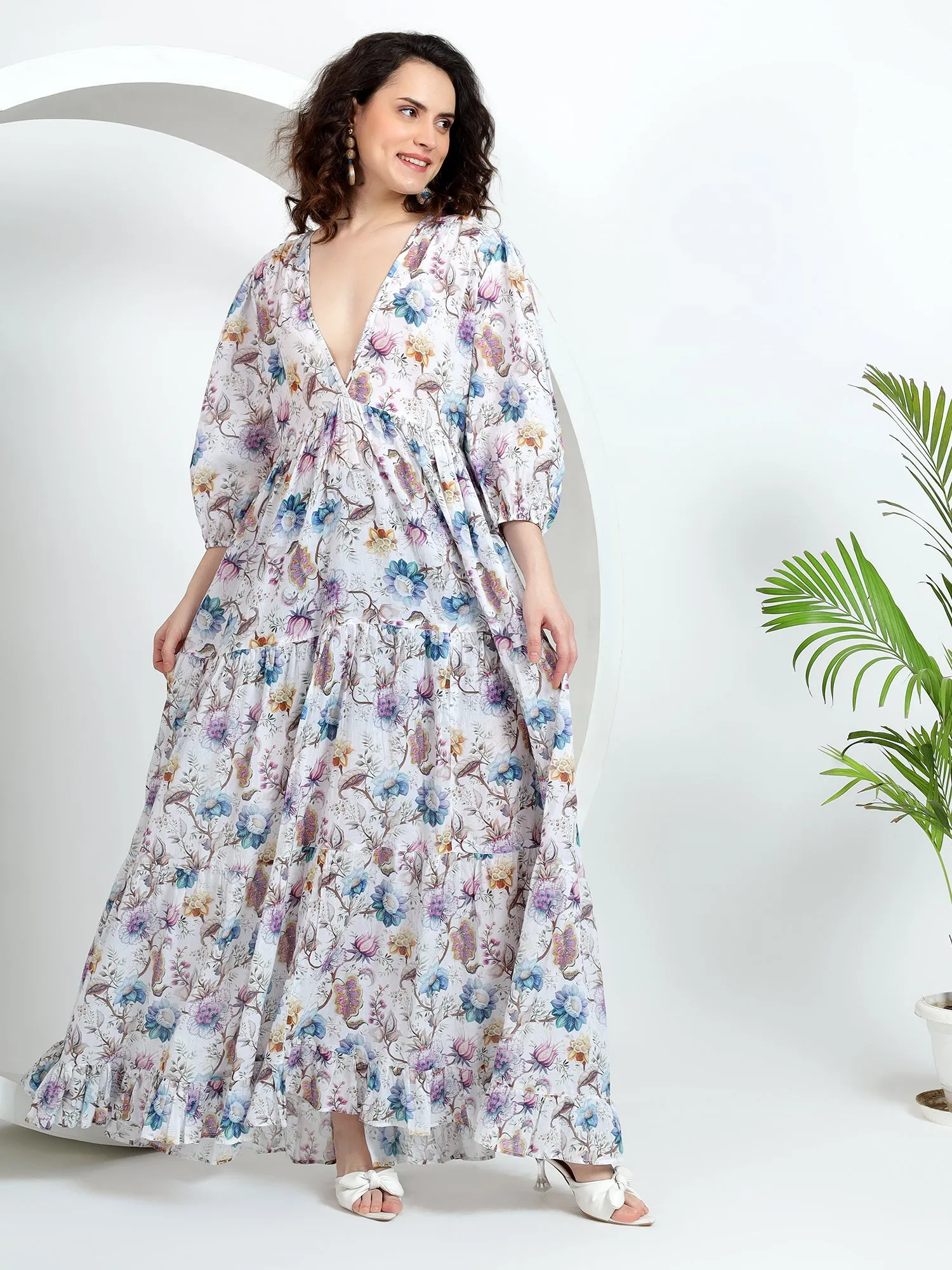 Pastel Floral Puff Sleeves V-Neck Cotton Maxi Dress for Women