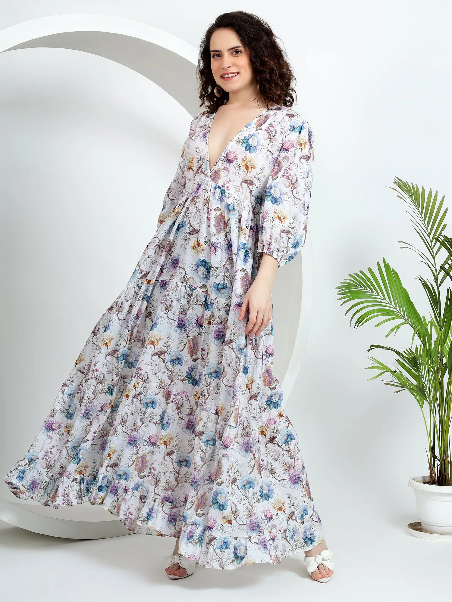 Pastel Floral Puff Sleeves V-Neck Cotton Maxi Dress for Women