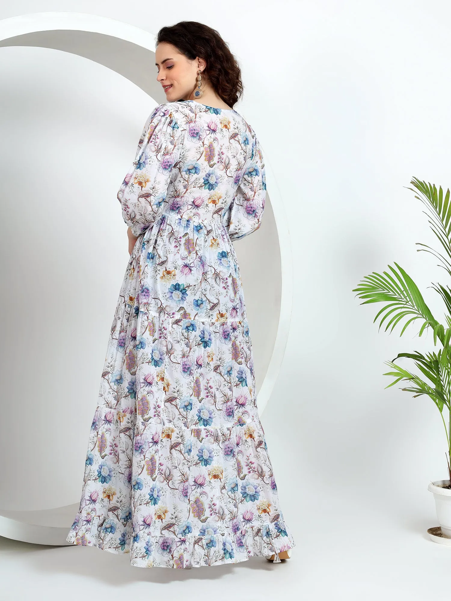 Pastel Floral Puff Sleeves V-Neck Cotton Maxi Dress for Women