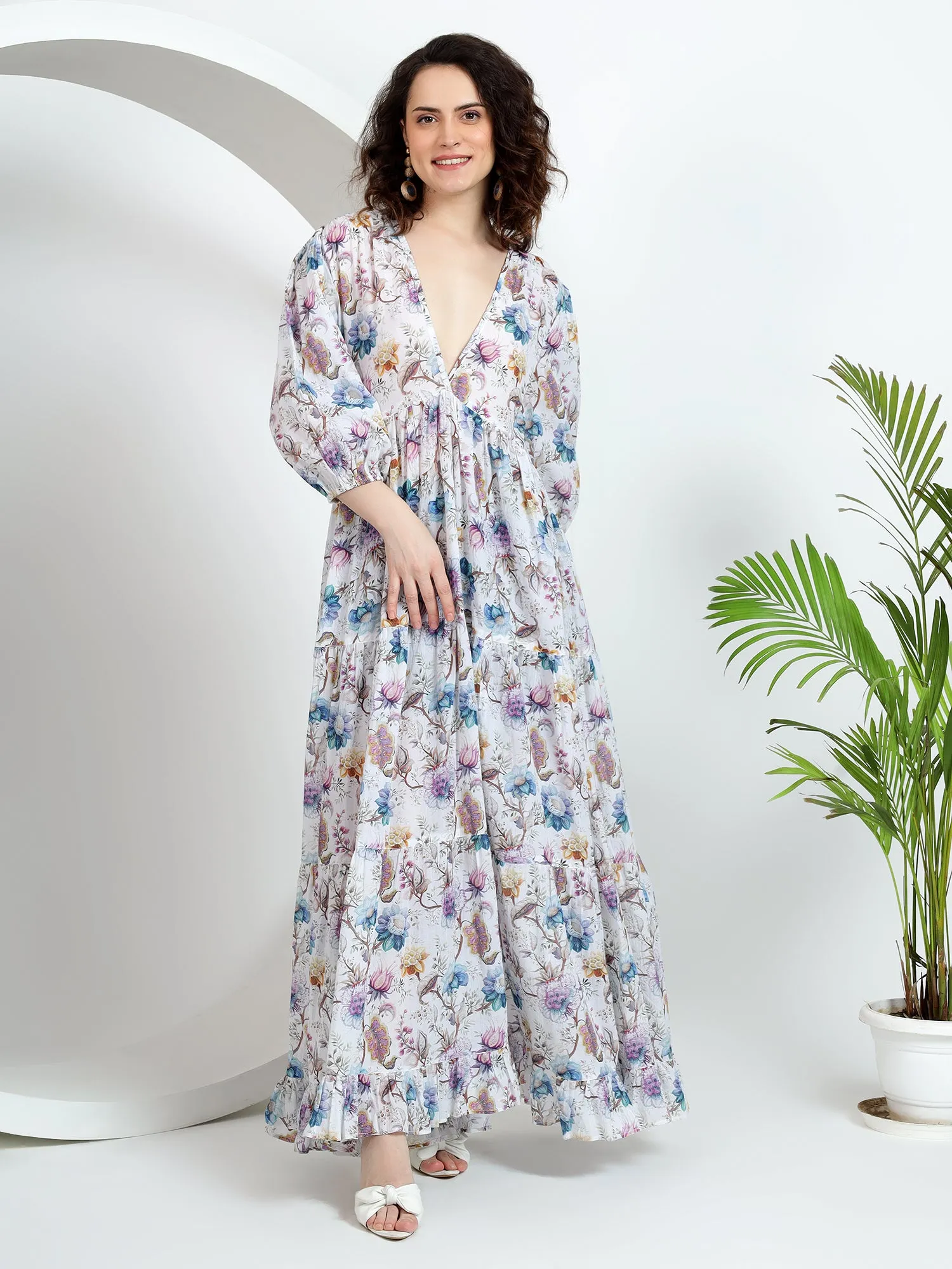 Pastel Floral Puff Sleeves V-Neck Cotton Maxi Dress for Women