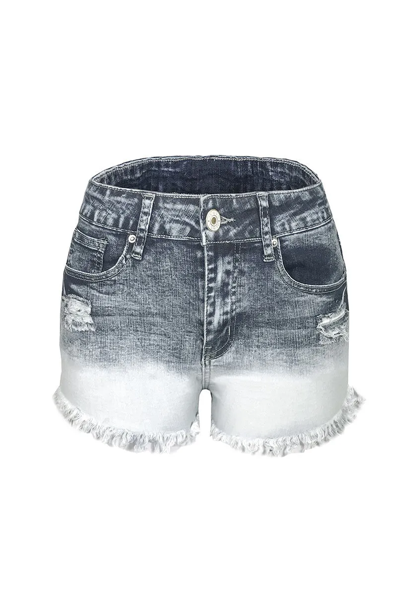 PE794 Fringe Denim Patchwork Shorts