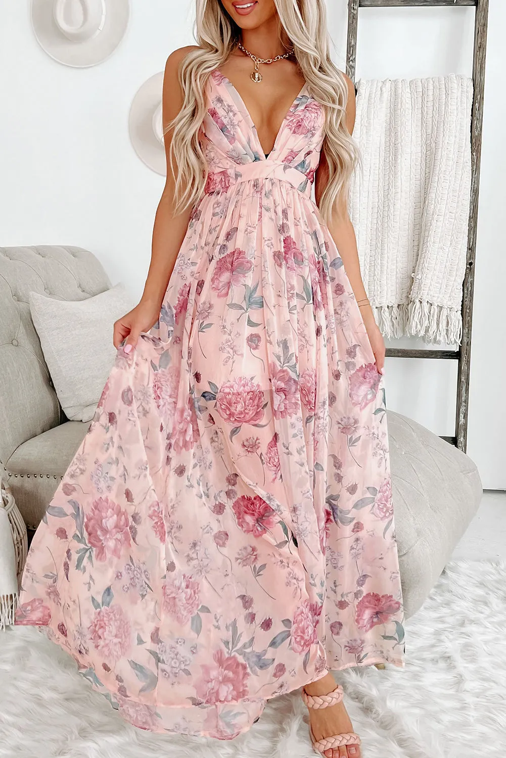 Pink Floral Pleated Bust Deep V Empire Waist Backless Maxi Dress