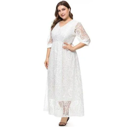 Plus Size Lace V-Neck Half Sleeves Lace Floral Maxi Dress