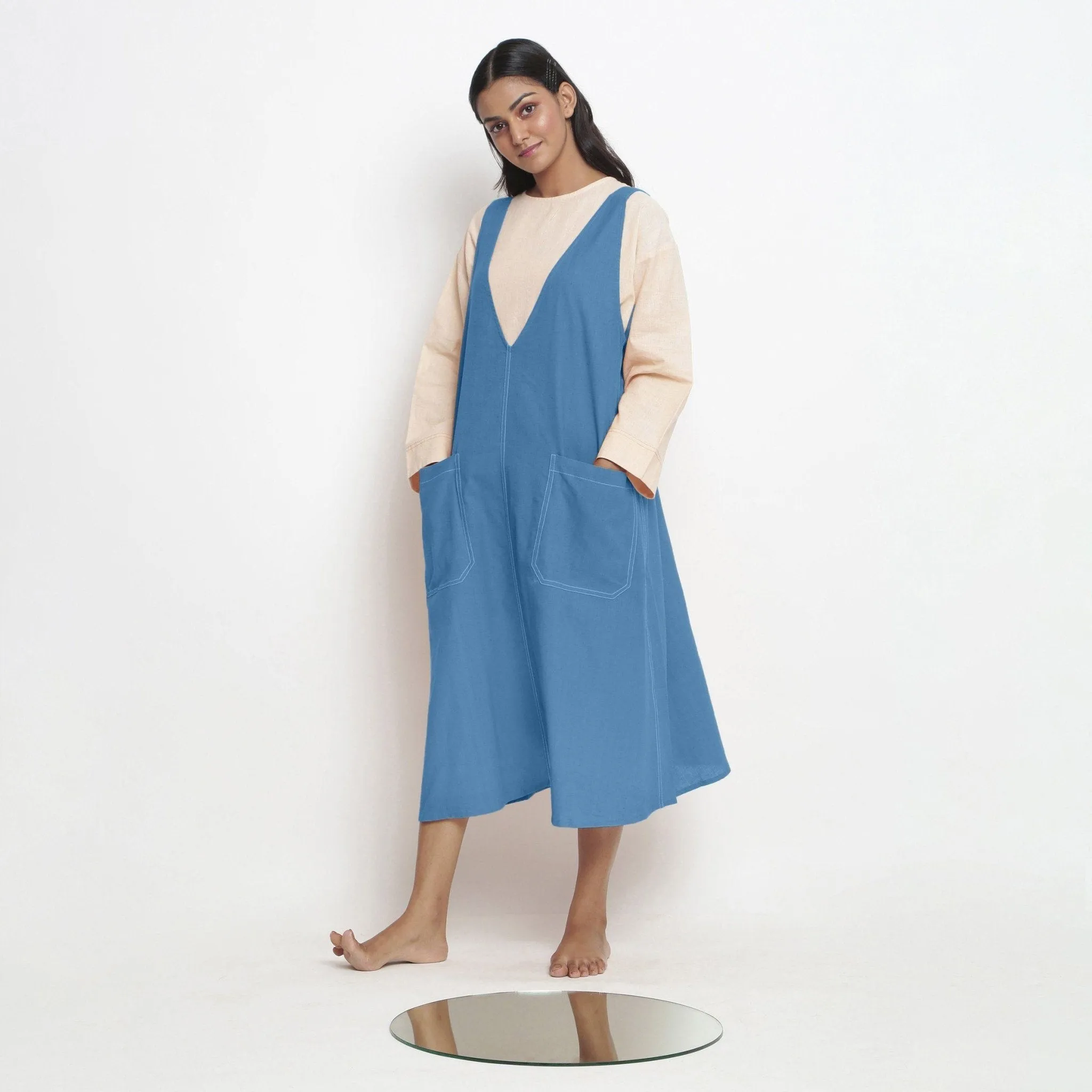 Powder Blue Handspun Cotton Paneled Midi Shift Dress