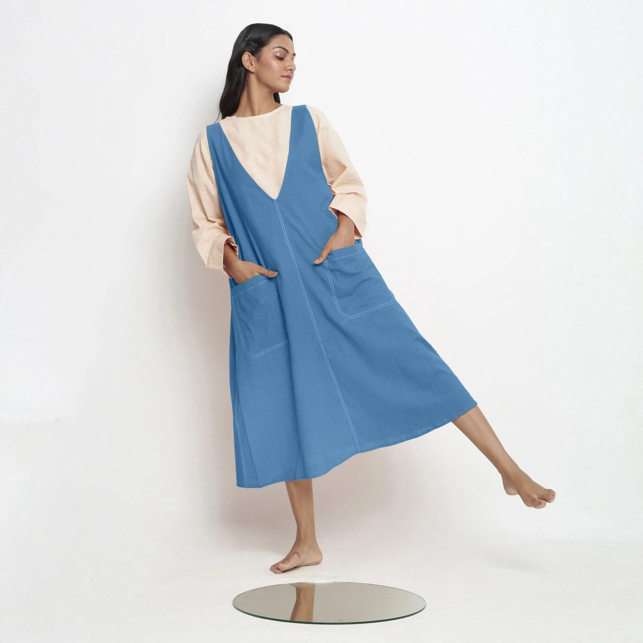 Powder Blue Handspun Cotton Paneled Midi Shift Dress