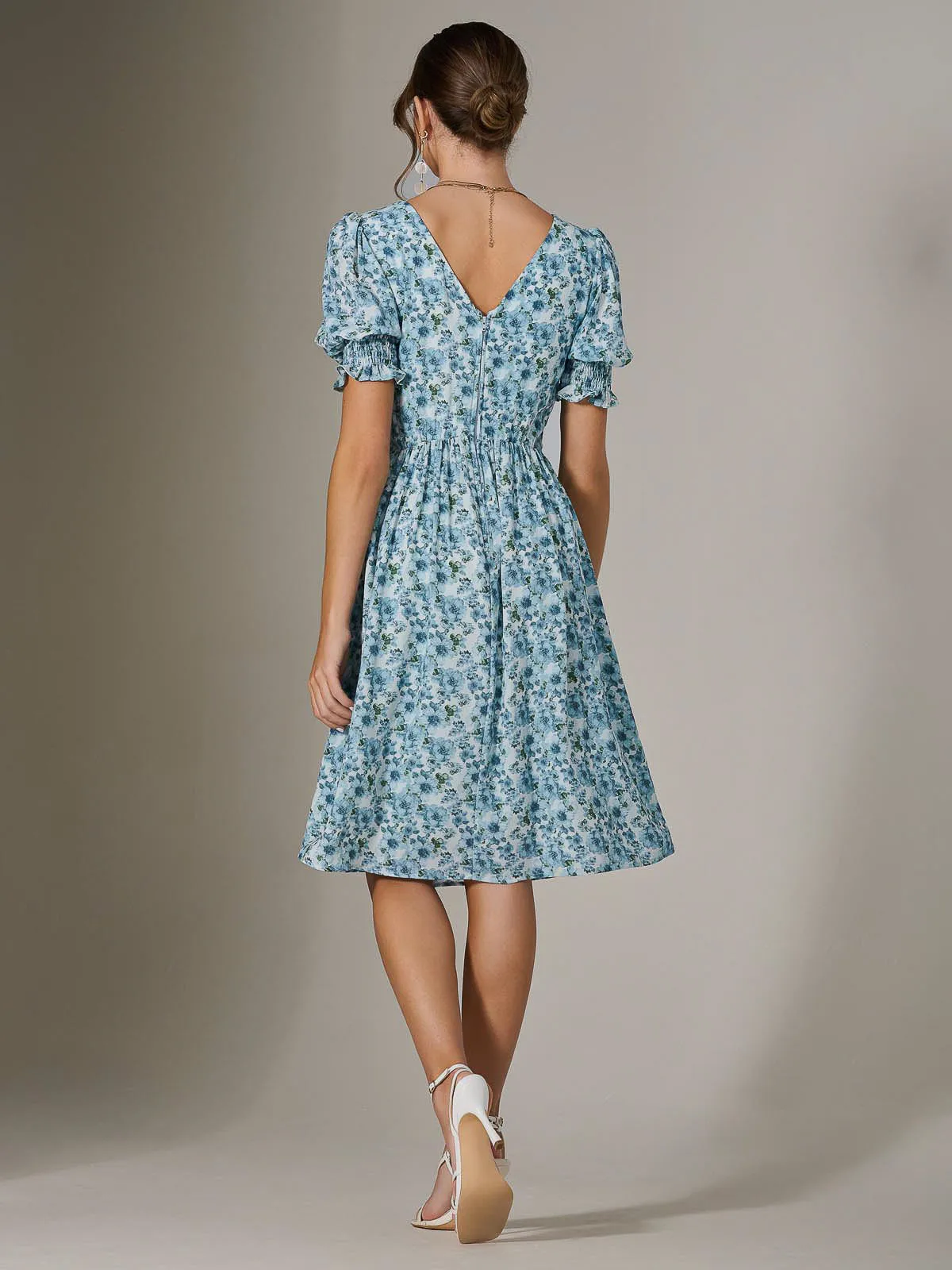 Puff Sleeve Midi Dress, Blue Floral