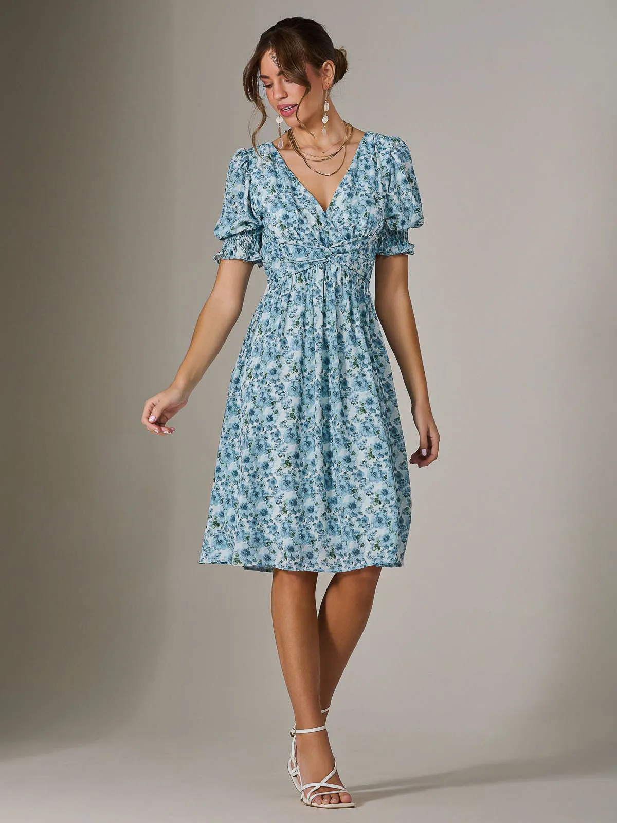 Puff Sleeve Midi Dress, Blue Floral