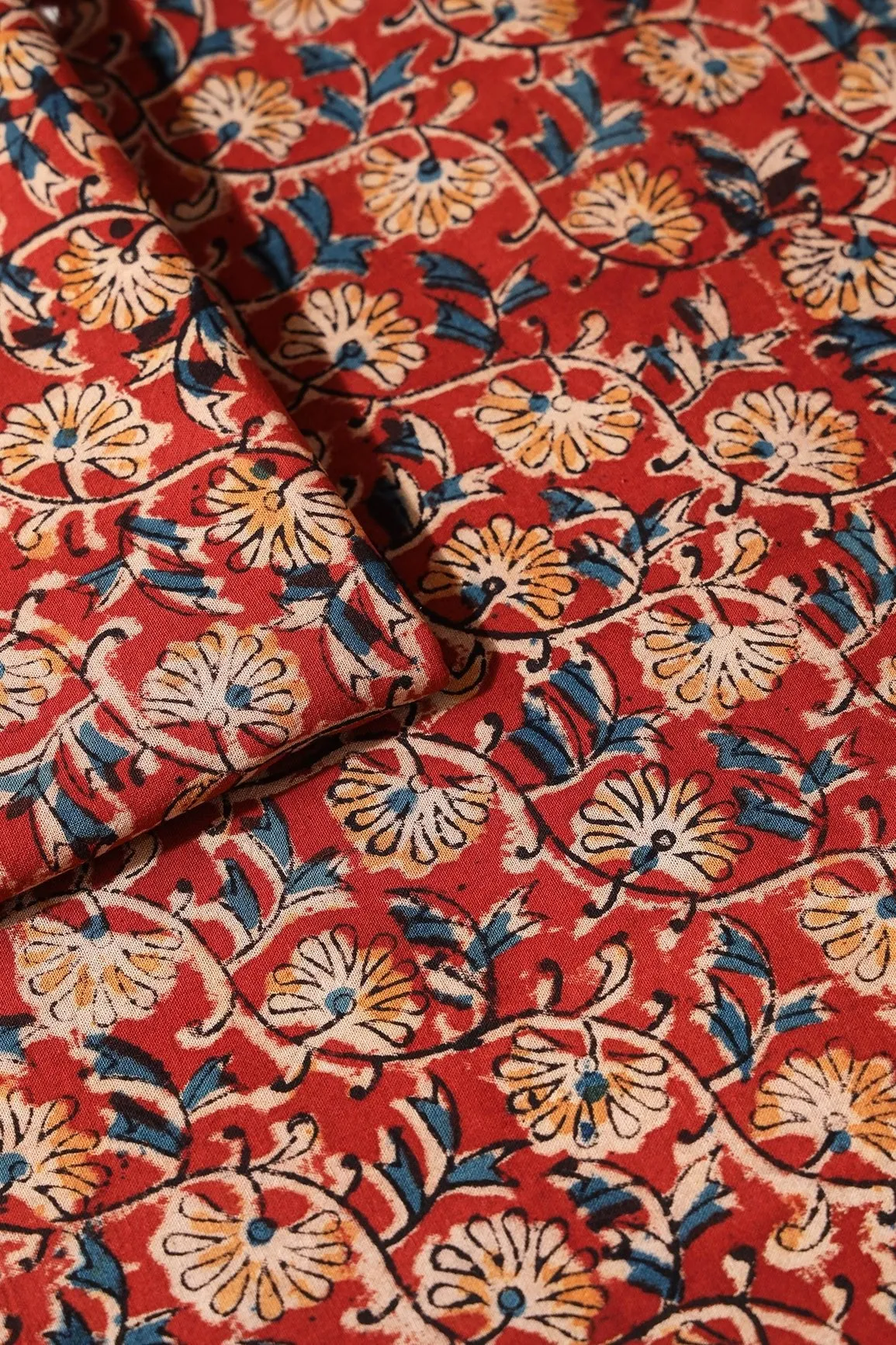 Red And Light Beige Floral Pattern Handblock Kalamkari Organic Cotton Fabric