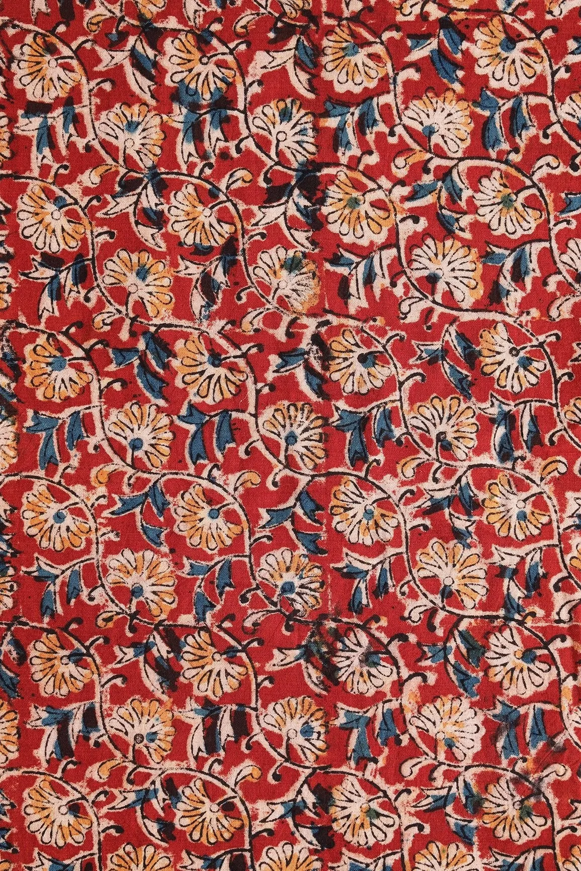 Red And Light Beige Floral Pattern Handblock Kalamkari Organic Cotton Fabric