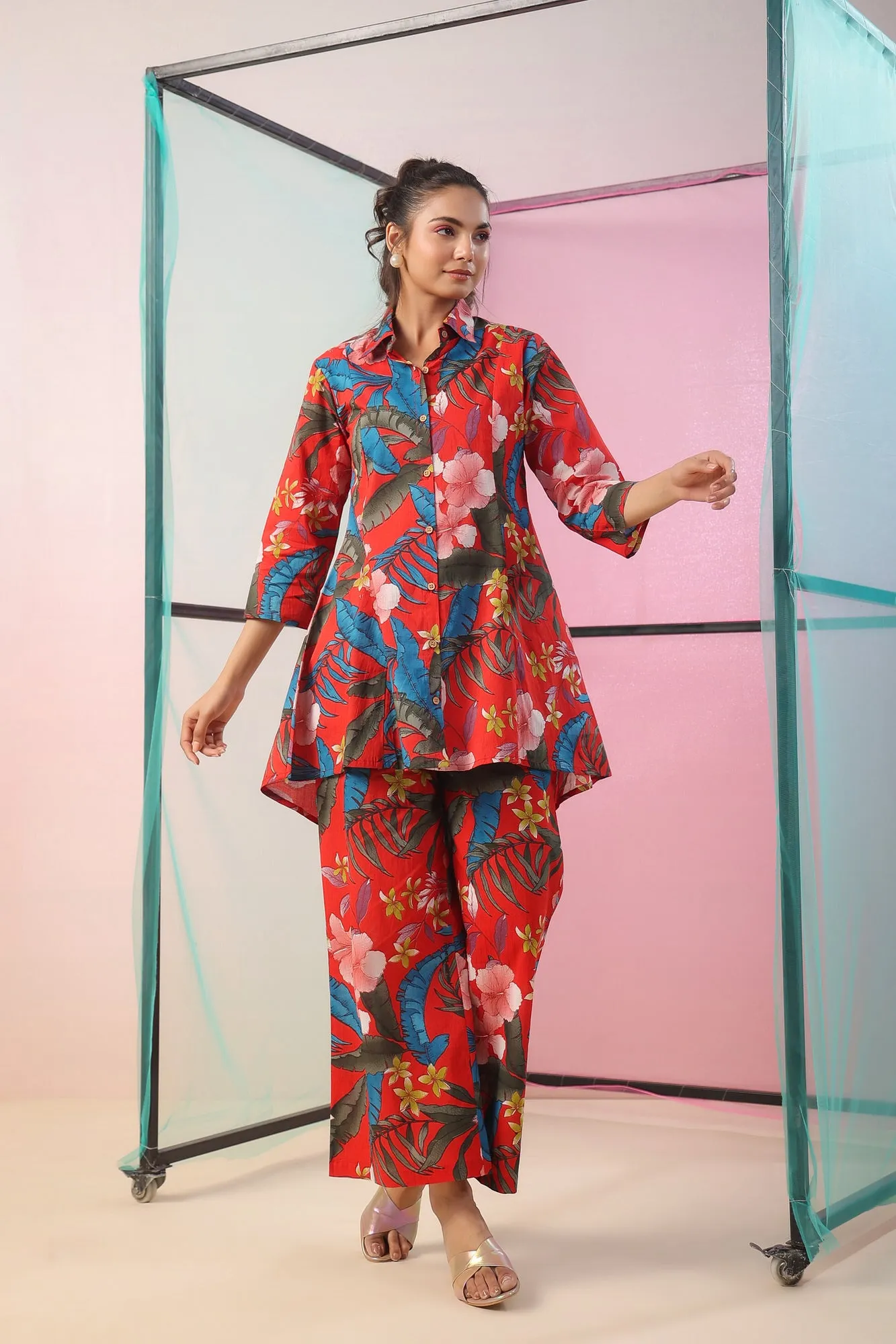 Red Florals Palazzo Loungewear Set