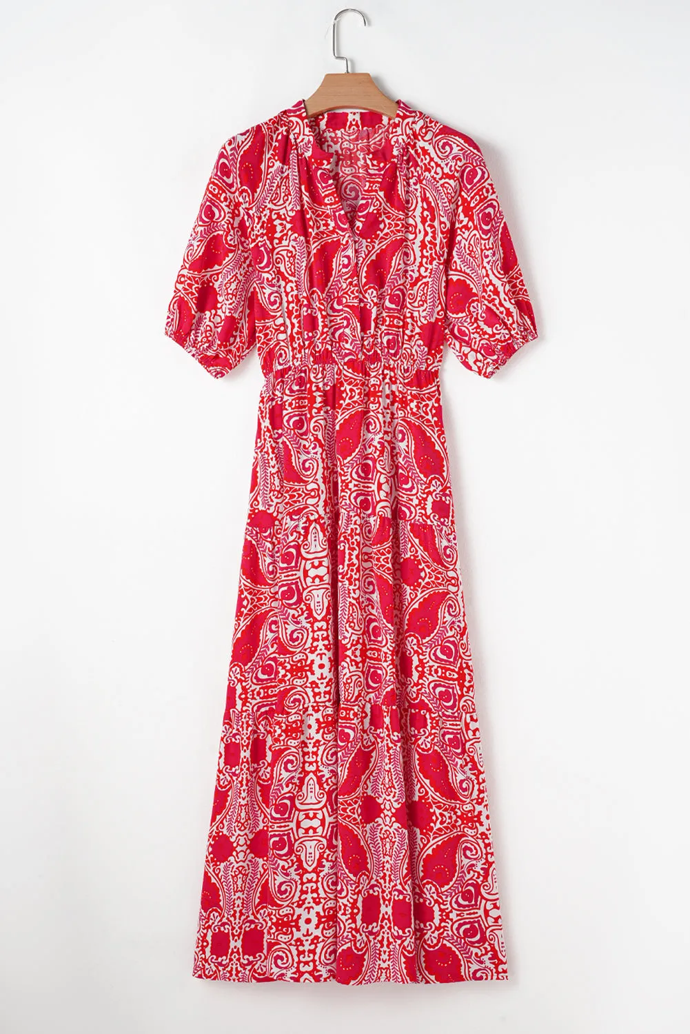 Red Paisley Print Side Slit Puff Sleeve High Waist Maxi Dress