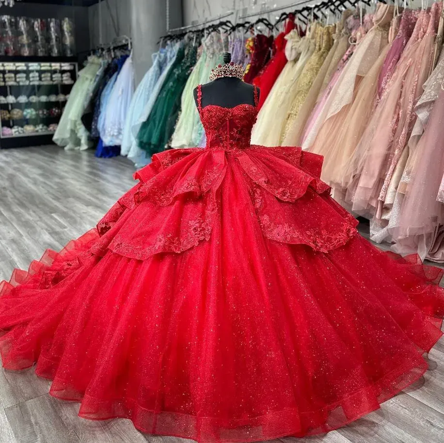 Red Sparkly Princess Quinceanera Dresses Floral Applique Boning Corset